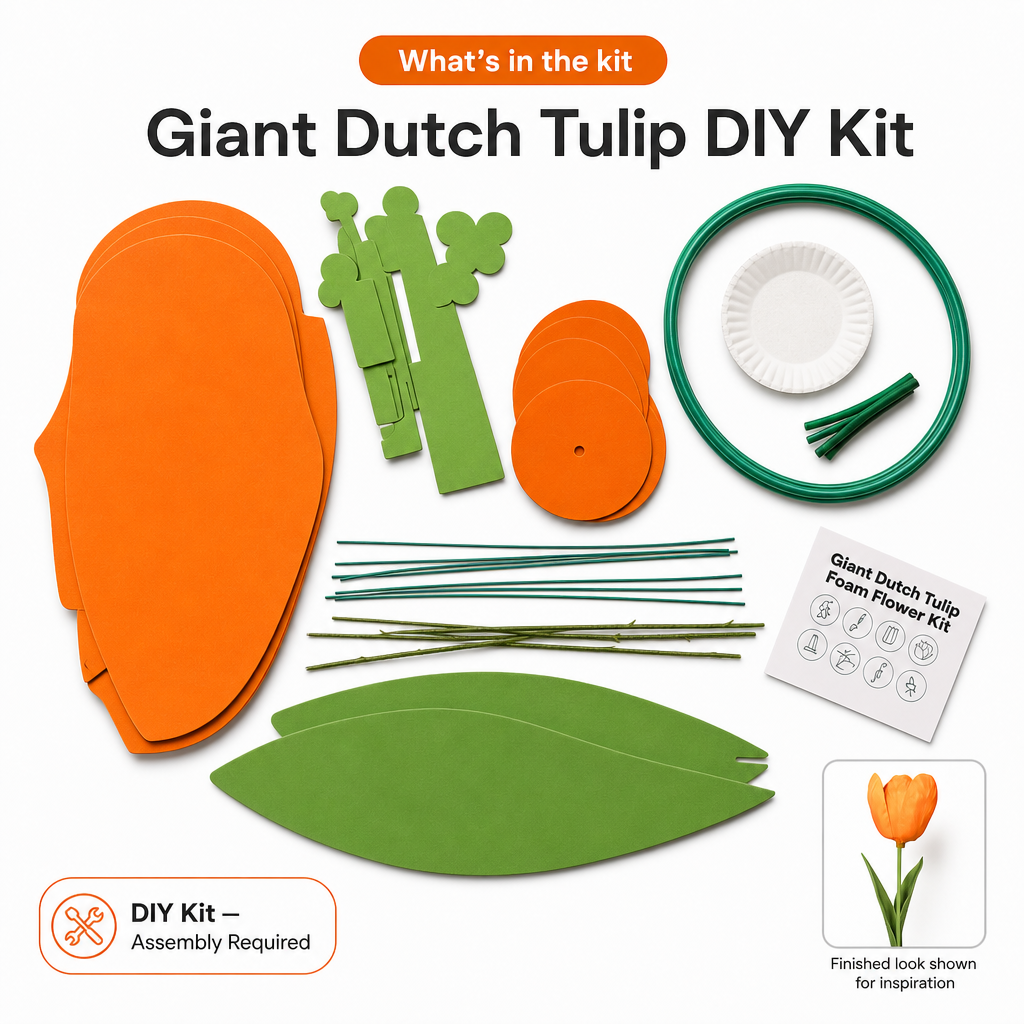 Woman standing next to completed 6-foot tall giant Dutch tulip showing scale and freestanding assembly