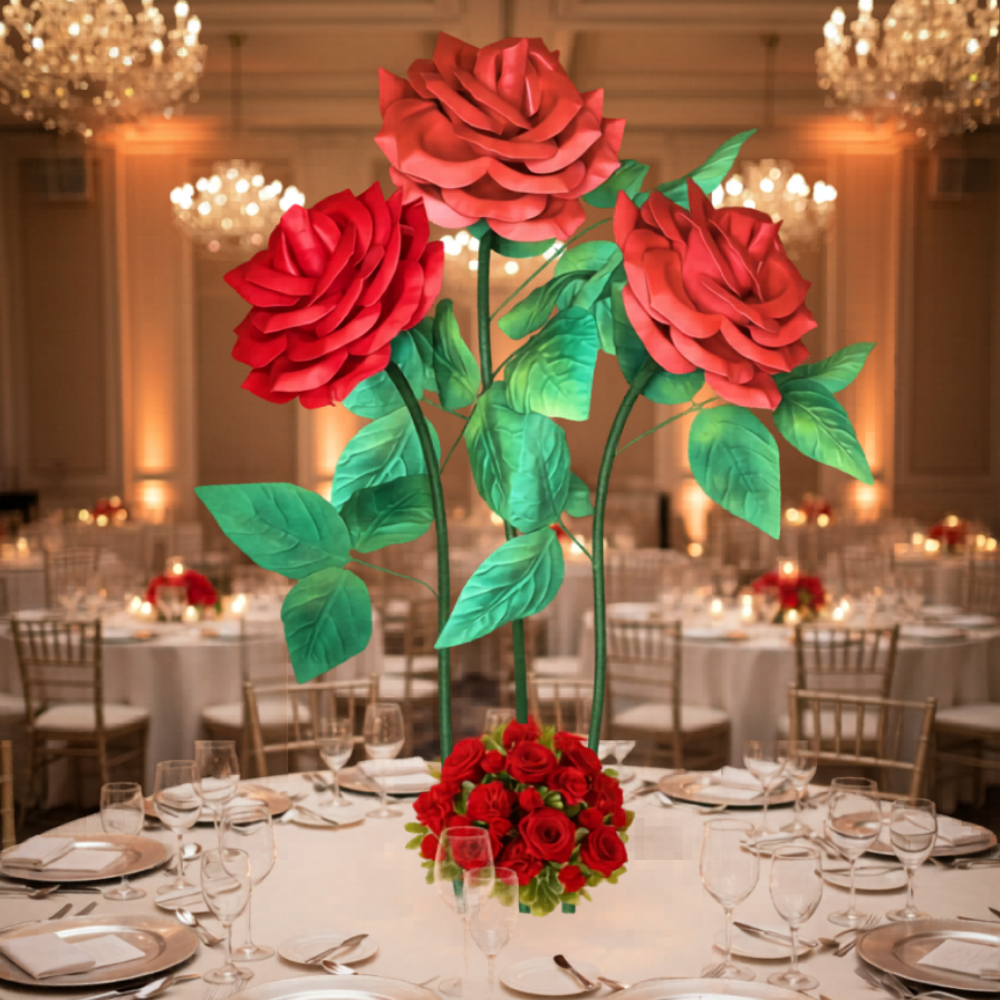 Sweetheart table centerpiece with pink and white giant foam wall flowers for elegant wedding reception