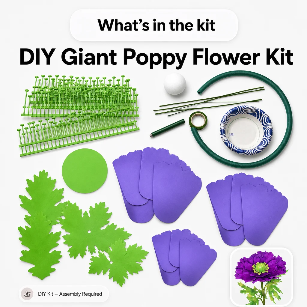Woman holding oversized red poppy foam flower demonstrating scale of completed DIY flower kit