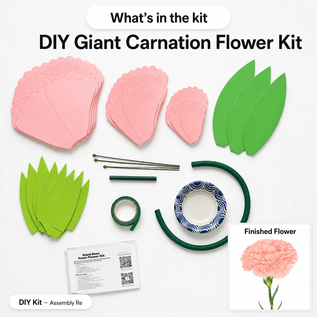 Close-up detail of giant carnation flower kit showing individual ruffled petal texture and construction