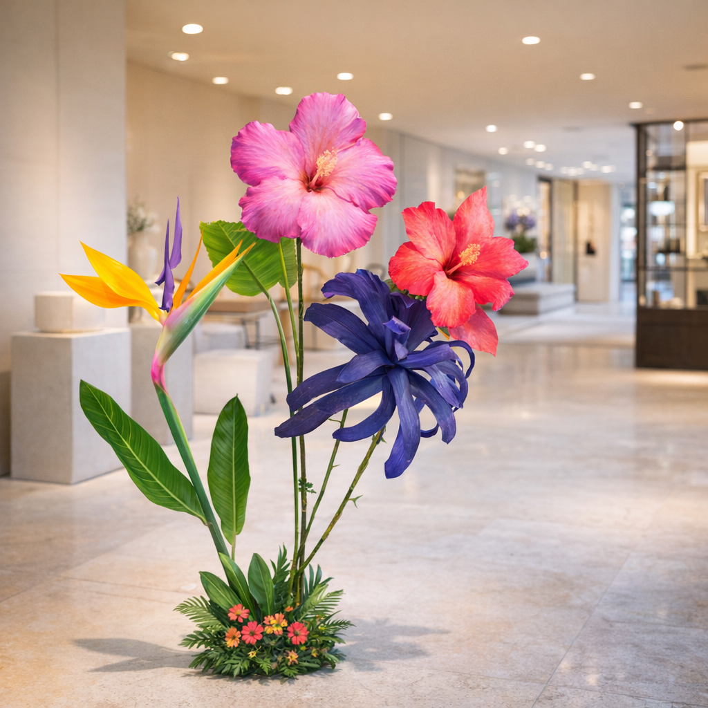 Giant foam flower trio product packaging showing build instructions and 3-piece freestanding flower set contents