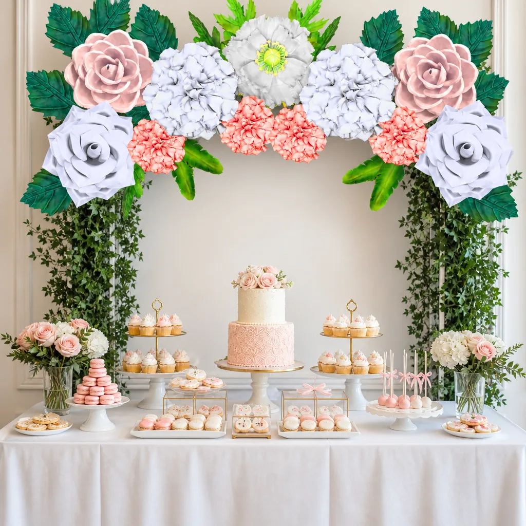 Dessert table backdrop with arrangement of giant foam wall flowers in pink and white for wedding reception
