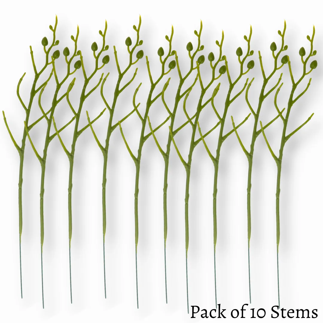 Pack of 10 green floral wire stems for craft flowers showing 3/16 inch diameter and 15-inch length