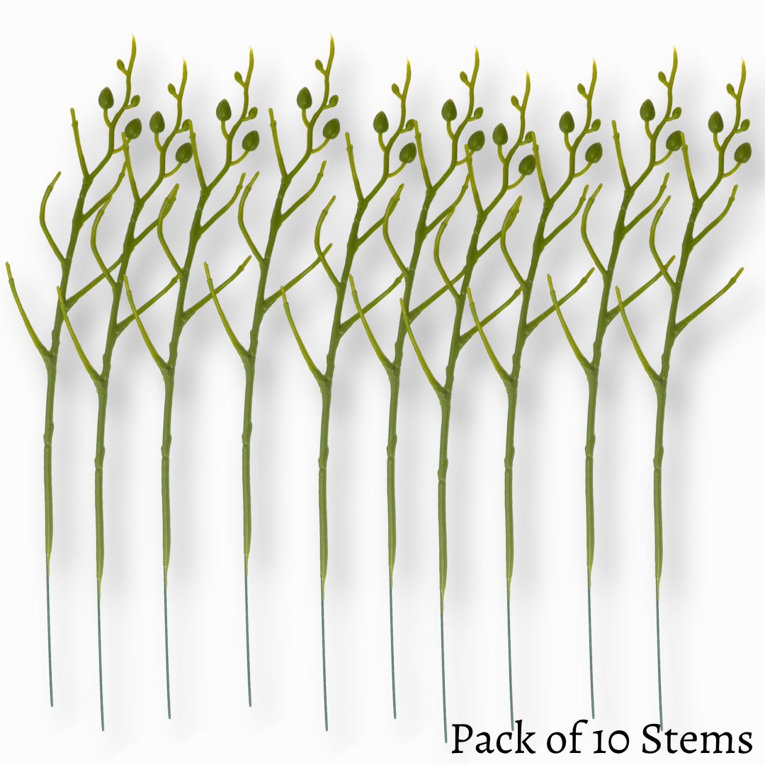 Pack of 10 green floral wire stems for craft flowers showing 3/16 inch diameter and 15-inch length