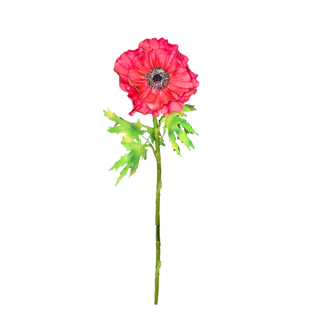 Giant purple anemone foam flower on black background with dark center and delicate petal detail from DIY kit
